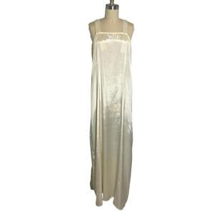 Vintage 70s Ivory Satin Maxi Slip Dress Minimalist Strappy SMALL
